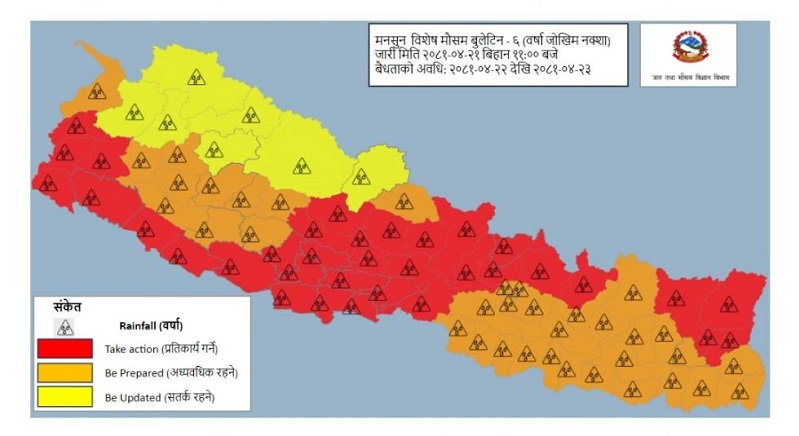 भोलि र पर्सि ठूलो पानी पर्ने, ३४ जिल्लामा ‘रेड अलर्ट’ जारी